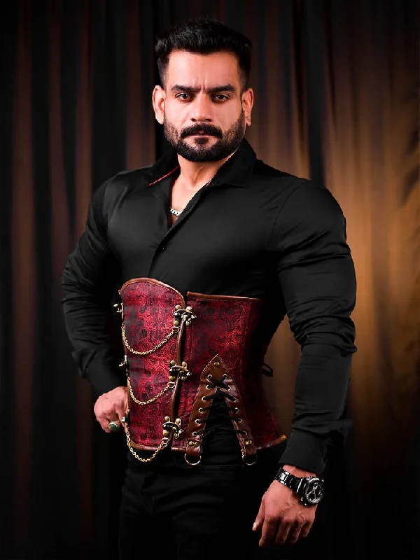 Removable - boning corsets for easy cleaningRed Brocade Men Corset - Fashion Corset