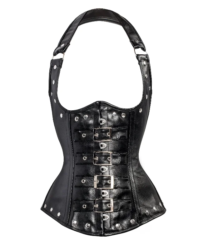 Supportive bustiers for large - busted womenGilmor Black Leather Look PU Underbust With Halter Strap