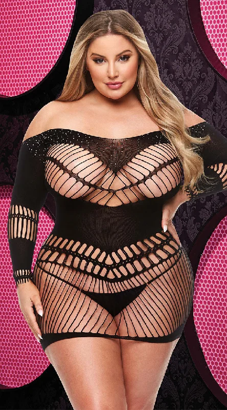 Mesh - paneled sexy dresses for a hint of skinPlus Size Off-The-Shoulder Black Dance Dress