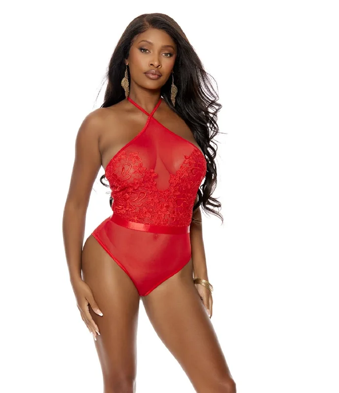Women's Satin Sleepwear Lingerie Elegant Moments EM-77154 Embroidered mesh slip on teddy with halter neck in Red