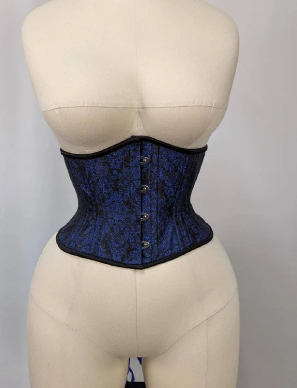 Cotton - blend bustiers for breathabilityBlack and Blue Damask Steel Boned Waspie Underbust Corset Cotton - blend bustiers for breathabilityBlack and Blue Damask Steel Boned Waspie Underbust Corset