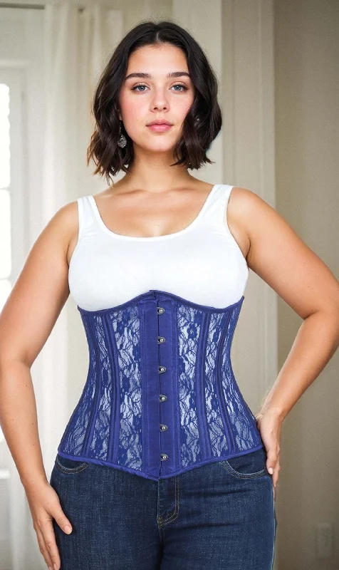 Victorian - era corsets with intricate boning detailsBlue Mesh with Lace Long Underbust Corset Victorian - era corsets with intricate boning detailsBlue Mesh with Lace Long Underbust Corset