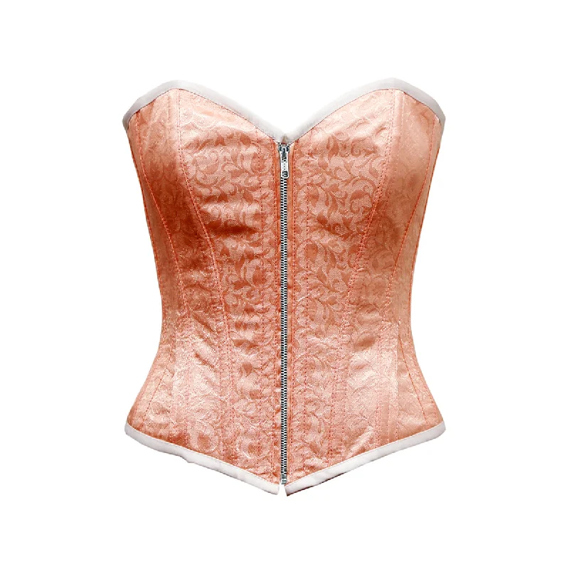 Vintage - style women's bustiers with lace and bowsUpmecano Light Baby Pink Satin Brocade Overbust Corset
