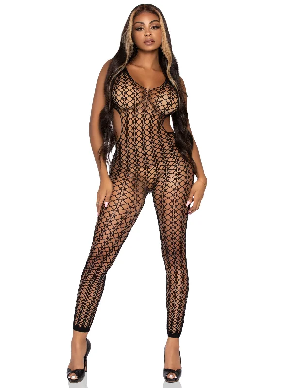 Over - the - knee stockings with a thigh - high designLattice Net Footless Bodystocking - One Size - Black
