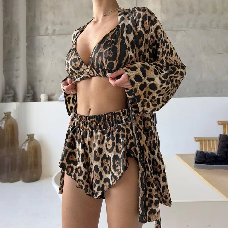 Affordable Lingerie for Women New leopard print loose long-sleeved underwear shorts three-piece set Affordable Lingerie for Women New leopard print loose long-sleeved underwear shorts three-piece set