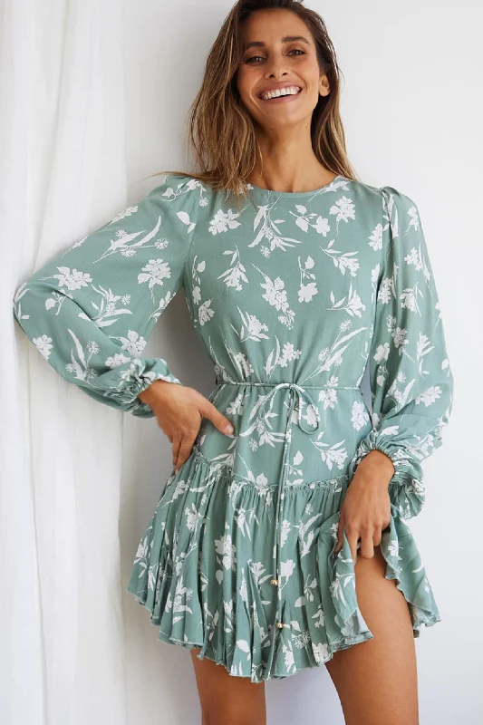 Mini dresses with criss - cross backs for a flirty look Rosabel Balloon Sleeve Fluted Hem Dress Botanic Print Sage Mini dresses with criss - cross backs for a flirty look Rosabel Balloon Sleeve Fluted Hem Dress Botanic Print Sage