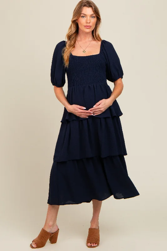 Maternity dress for a baby's naming ceremony Navy Smocked Body Ruffled Tiered Maternity Midi Dress Maternity dress for a baby's naming ceremony Navy Smocked Body Ruffled Tiered Maternity Midi Dress