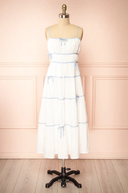Midi dresses with mesh inserts for a trendy and breathable option Juliriel | White Midi Dress w/ Blue Ribbons Midi dresses with mesh inserts for a trendy and breathable option Juliriel | White Midi Dress w/ Blue Ribbons