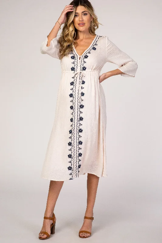 Plus size maternity dress for curvy moms - to - be Beige Floral Embroidered 3/4 Sleeve Maternity Midi Dress Plus size maternity dress for curvy moms - to - be Beige Floral Embroidered 3/4 Sleeve Maternity Midi Dress