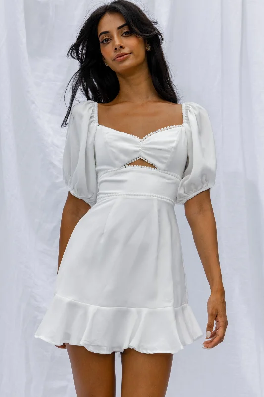 Mini dresses with side slits for a sexy appeal Catch Feelings Sweetheart Neckline Puff Sleeve Dot Trim Dress White Mini dresses with side slits for a sexy appeal Catch Feelings Sweetheart Neckline Puff Sleeve Dot Trim Dress White