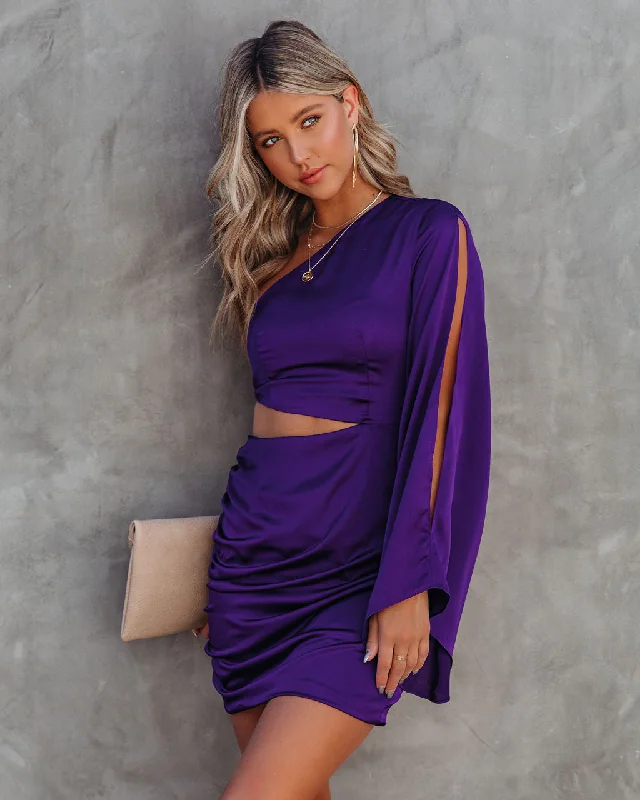 Mini dresses with ruched bodices for a feminine touch KittenAlarm - Caydan Satin One Shoulder Cutout Dress - Plum - FINAL SALE Mini dresses with ruched bodices for a feminine touch KittenAlarm - Caydan Satin One Shoulder Cutout Dress - Plum - FINAL SALE