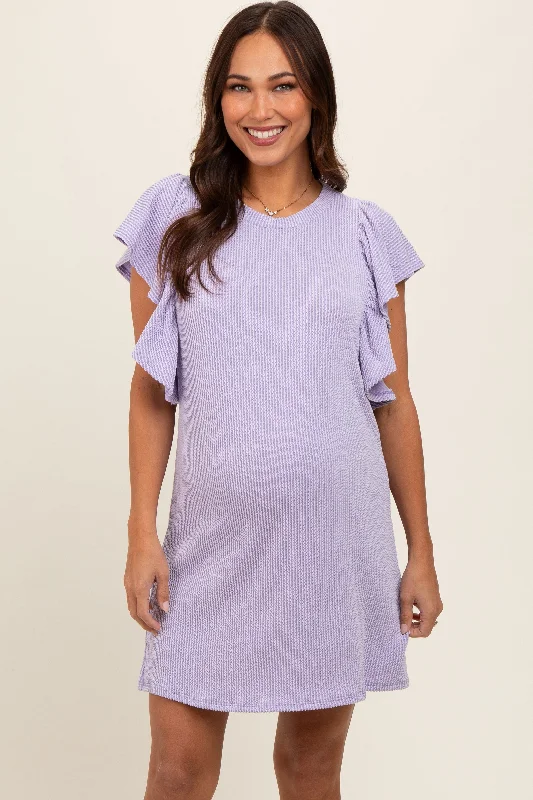 Nursing friendly maternity dress for breastfeeding Lavender Ribbed Ruffle Sleeve Maternity Dress Nursing friendly maternity dress for breastfeeding Lavender Ribbed Ruffle Sleeve Maternity Dress