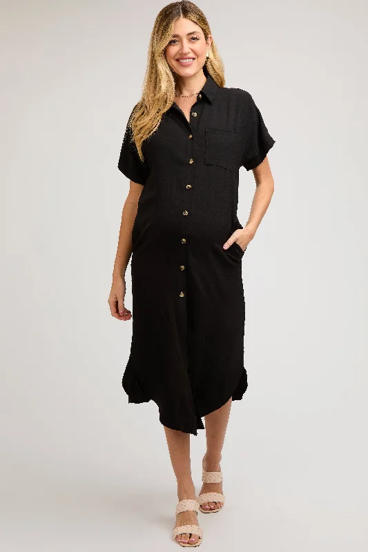 Maternity dress for a baby's first visit to the sensory garden Black Button Down Front Pocket Maternity Midi Dress Maternity dress for a baby's first visit to the sensory garden Black Button Down Front Pocket Maternity Midi Dress