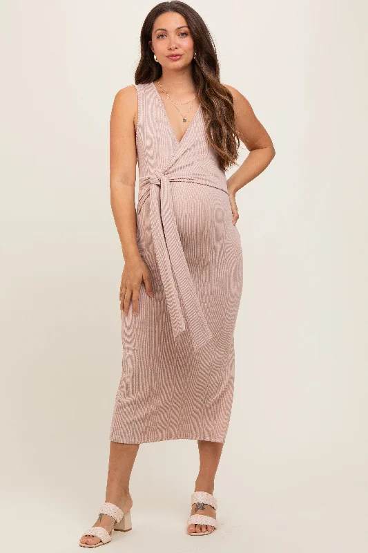 Maternity dress for a baby's first visit to the vineyard Taupe Ribbed Wrap Maternity Midi Dress Maternity dress for a baby's first visit to the vineyard Taupe Ribbed Wrap Maternity Midi Dress