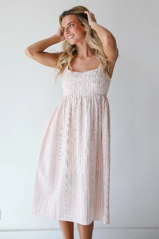 Midi dresses with asymmetric hems for a fashion - forward and dynamic appearance FINAL SALE - Charmed Energy Pink Striped Midi Dress Midi dresses with asymmetric hems for a fashion - forward and dynamic appearance FINAL SALE - Charmed Energy Pink Striped Midi Dress