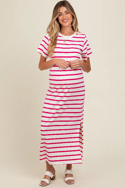 Maternity dress for a baby's first visit to the water garden Fuchsia Striped Side Slit Maternity Maxi Dress Maternity dress for a baby's first visit to the water garden Fuchsia Striped Side Slit Maternity Maxi Dress