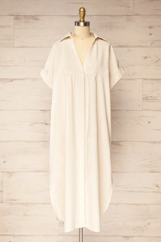 Midi dresses with ruffled sleeves for a more feminine and voluminous look Betrice Beige | Oversized Button-Up Linen Dress Midi dresses with ruffled sleeves for a more feminine and voluminous look Betrice Beige | Oversized Button-Up Linen Dress
