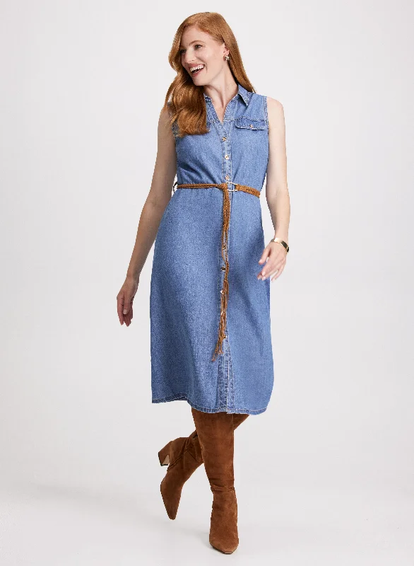 Midi dresses with ribbed textures for a unique and tactile appearance Button-Up Belted Denim Dress Midi dresses with ribbed textures for a unique and tactile appearance Button-Up Belted Denim Dress