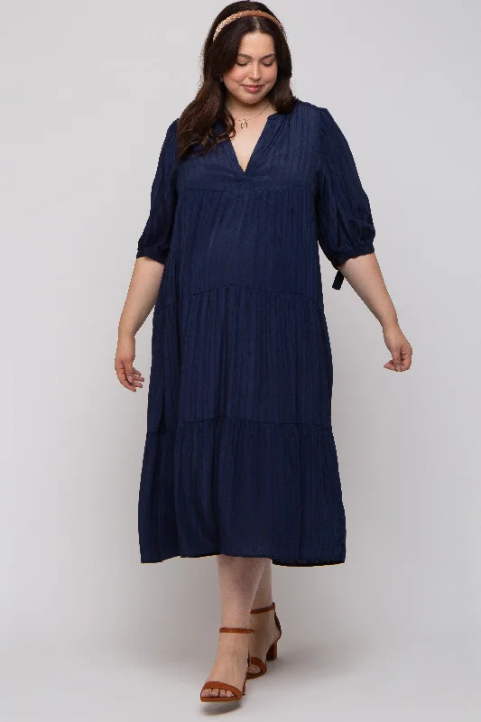 Maternity dress for a baby's first visit to the nature reserve Navy Blue Striped Tiered Maternity Plus Midi Dress Maternity dress for a baby's first visit to the nature reserve Navy Blue Striped Tiered Maternity Plus Midi Dress