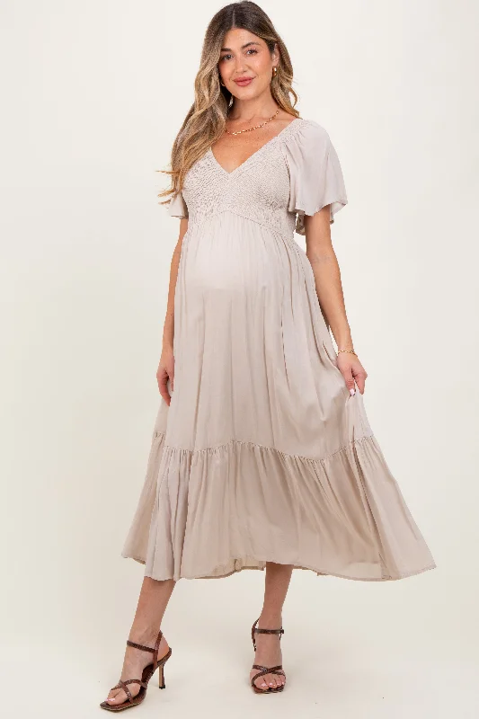 Maternity dress for a baby's first visit to the aquarium Cream Smocked Flutter Sleeve Midi Dress Maternity dress for a baby's first visit to the aquarium Cream Smocked Flutter Sleeve Midi Dress
