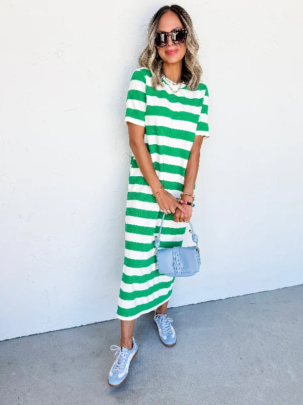 Everyday Dress with Coordinating Belt for a Polished Ensemble​ Through The City Striped Dress-Green