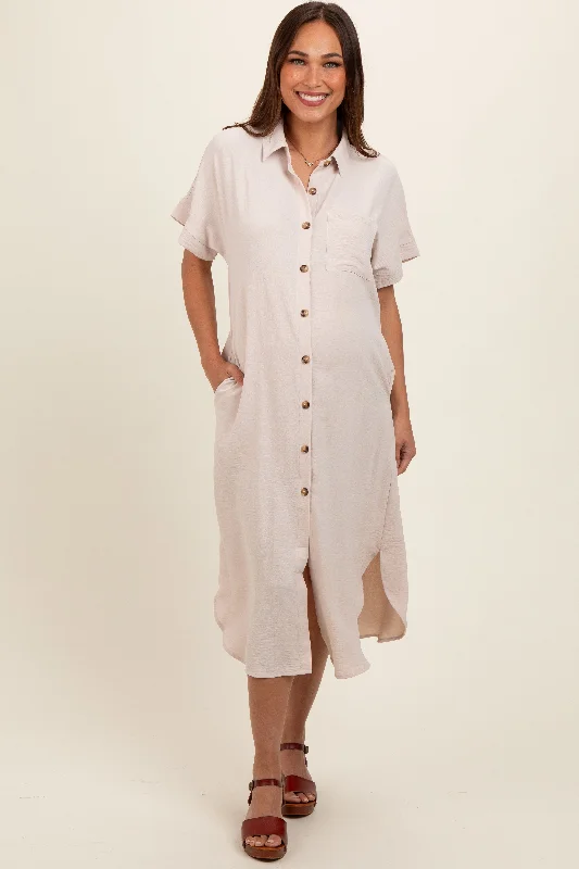 Maternity dress for a baby's first visit to the ballet Beige Button Down Front Pocket Maternity Midi Dress Maternity dress for a baby's first visit to the ballet Beige Button Down Front Pocket Maternity Midi Dress
