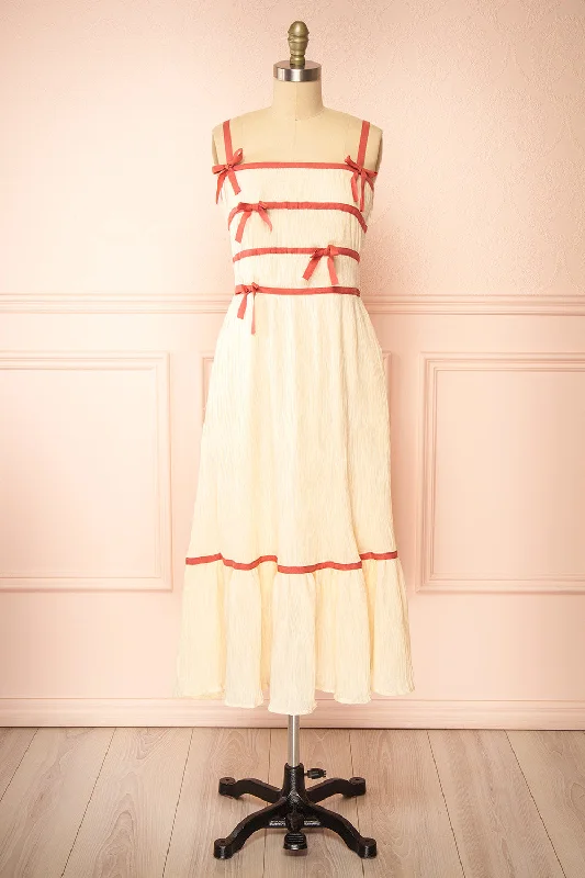 Midi dresses with patchwork patterns for a one - of - a - kind style Dixie Beige | Pleated Midi Dress w/ Pink Bows Midi dresses with patchwork patterns for a one - of - a - kind style Dixie Beige | Pleated Midi Dress w/ Pink Bows