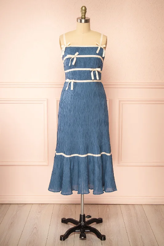 Midi dresses with halter necks for a stylish and comfortable option Dixie Blue | Pleated Midi Dress w/ Ivory Bows Midi dresses with halter necks for a stylish and comfortable option Dixie Blue | Pleated Midi Dress w/ Ivory Bows
