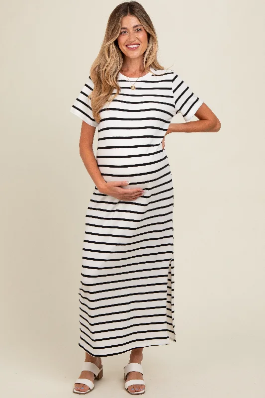 Maternity dress for a baby's first visit to the beach White Striped Side Slit Maternity Maxi Dress Maternity dress for a baby's first visit to the beach White Striped Side Slit Maternity Maxi Dress