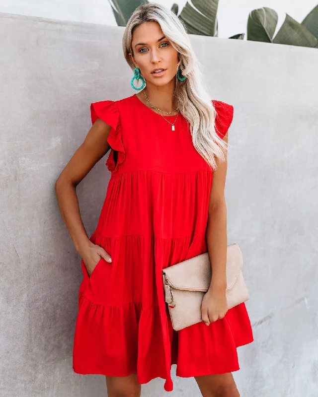 Plaid mini dresses for fall fashion East Coast Pocketed Tiered Babydoll Dress - Red