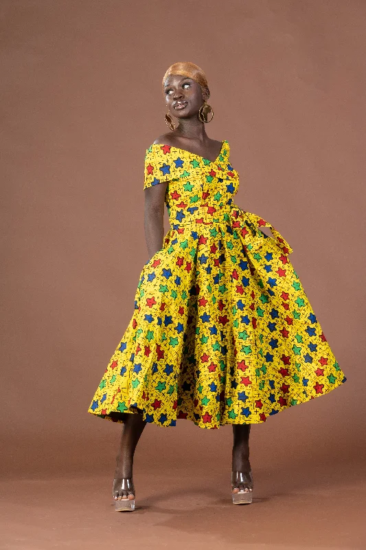 Mini dresses with empire waists for a flattering fit Taraji Ankara Off shoulder Midi Dress | Yellow Stars African Print Mini dresses with empire waists for a flattering fit Taraji Ankara Off shoulder Midi Dress | Yellow Stars African Print