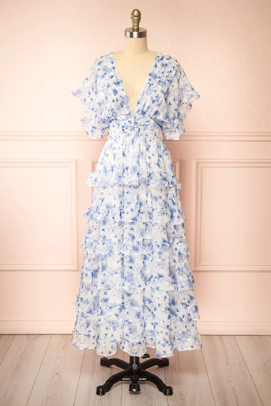 Midi dresses with tassel accents for a bohemian and free - spirited style Aveline Blue | Floral Maxi Dress w/ Ruffles Midi dresses with tassel accents for a bohemian and free - spirited style Aveline Blue | Floral Maxi Dress w/ Ruffles