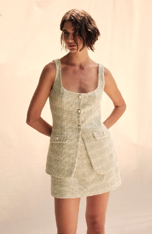 Mini dresses with fringe for a bohemian style The Vest Tweed Green Dress by Saylor
