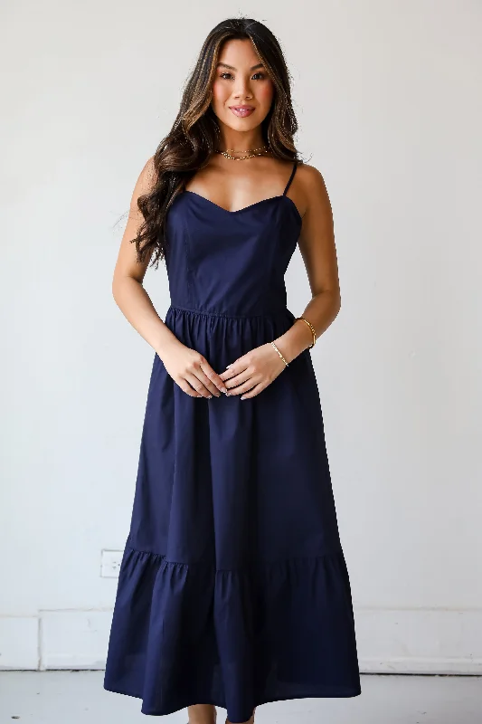 Midi dresses with pleated skirts for a timeless and elegant appeal FINAL SALE - Timeless Disposition Navy Midi Dress Midi dresses with pleated skirts for a timeless and elegant appeal FINAL SALE - Timeless Disposition Navy Midi Dress