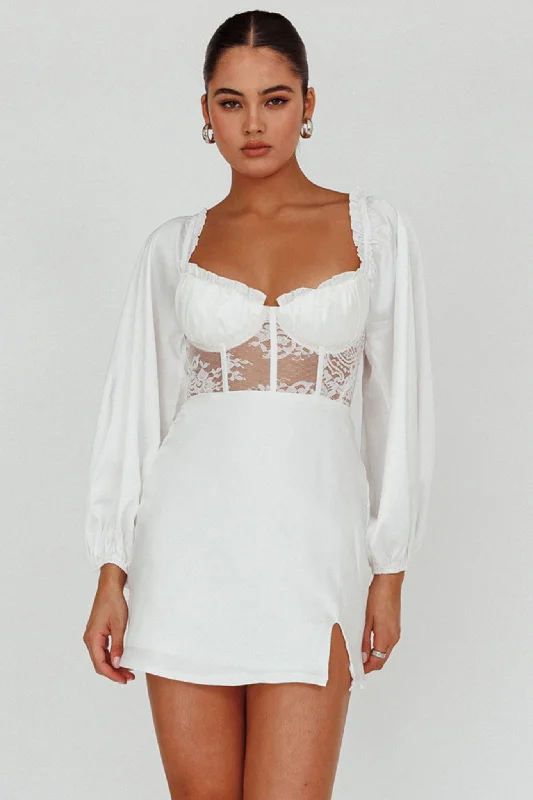 Mini dresses with gathered skirts for a voluminous effect Trophy Long Sleeve Lace Bodice Mini Dress White Mini dresses with gathered skirts for a voluminous effect Trophy Long Sleeve Lace Bodice Mini Dress White