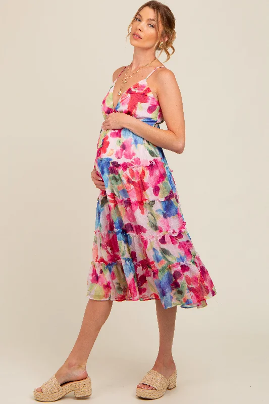 Maternity dress for a coastal vacation Pink Watercolor Deep V-Neck Tiered Maternity Midi Dress Maternity dress for a coastal vacation Pink Watercolor Deep V-Neck Tiered Maternity Midi Dress