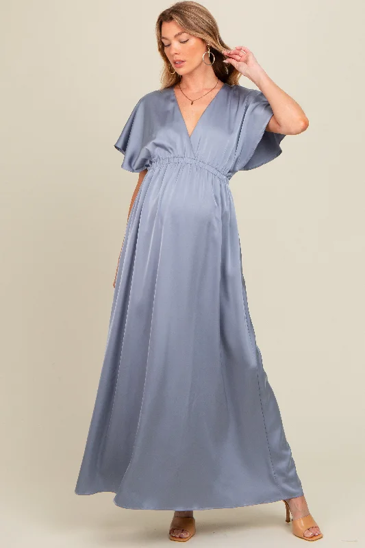 Maternity dress for a baby's dedication Grey Satin V-Neck Flutter Short Sleeve Maternity Maxi Dress Maternity dress for a baby's dedication Grey Satin V-Neck Flutter Short Sleeve Maternity Maxi Dress