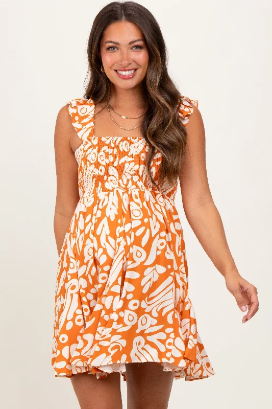 Maternity dress for a friend's wedding as a guest Orange Printed Smocked Ruffle Strap Maternity Dress Maternity dress for a friend's wedding as a guest Orange Printed Smocked Ruffle Strap Maternity Dress