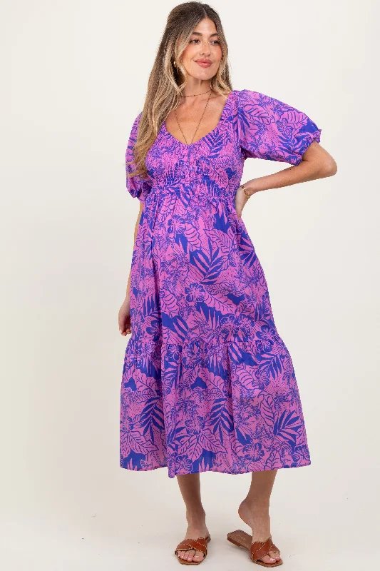 Maternity dress for a baby's first visit to the vertical garden Magenta Tropical Floral Smocked Tie Back Maternity Maxi Dress Maternity dress for a baby's first visit to the vertical garden Magenta Tropical Floral Smocked Tie Back Maternity Maxi Dress