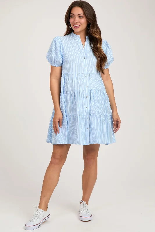 Maternity dress for a movie night out Blue Striped Button Down Tiered Maternity Dress