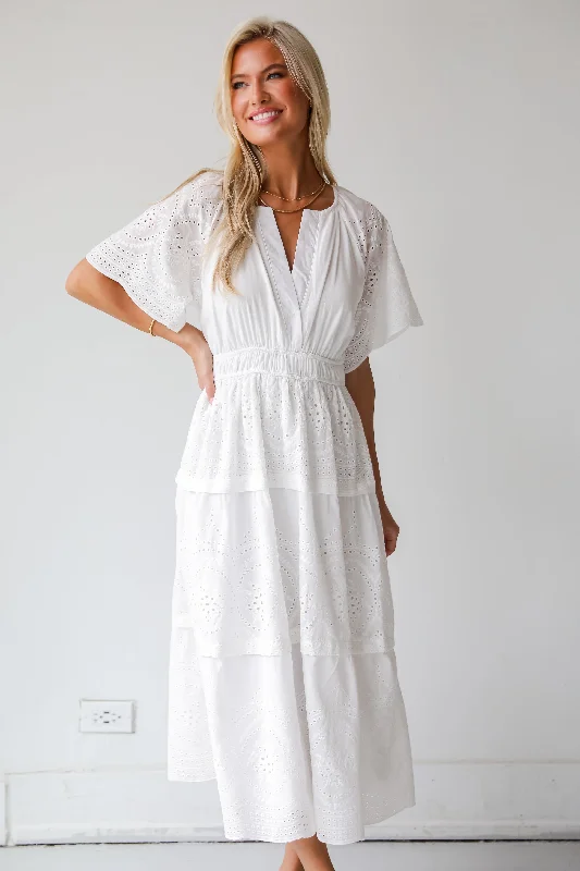 Midi dresses with belted waists to accentuate the figure FINAL SALE - Perfect Sunshine White Eyelet Midi Dress Midi dresses with belted waists to accentuate the figure FINAL SALE - Perfect Sunshine White Eyelet Midi Dress