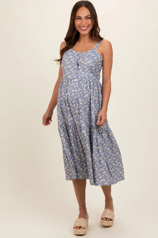 Maternity dress for a baby's first swim Blue Floral Sweetheart Neck Button Front Ruffle Maternity Midi Dress Maternity dress for a baby's first swim Blue Floral Sweetheart Neck Button Front Ruffle Maternity Midi Dress