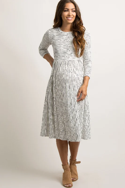 Maternity dress for a baby's first visit to the magic show Ivory Ribbed Striped Maternity Midi Dress Maternity dress for a baby's first visit to the magic show Ivory Ribbed Striped Maternity Midi Dress