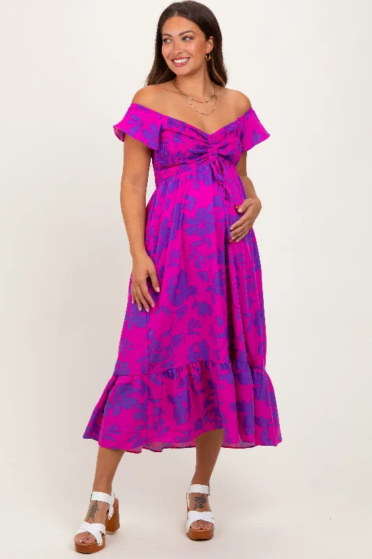 Maternity dress for a baby's first visit to the informal garden Magenta Multi Smocked Top Maternity Maxi Dress Maternity dress for a baby's first visit to the informal garden Magenta Multi Smocked Top Maternity Maxi Dress