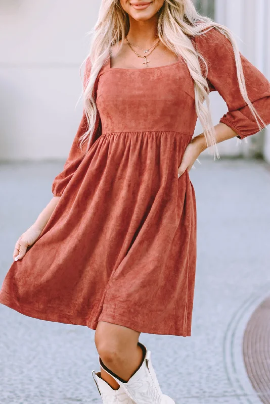 Midi dresses with ruched sleeves for a more fitted and stylish arm look Suede Shirred Puff Sleeve Dress