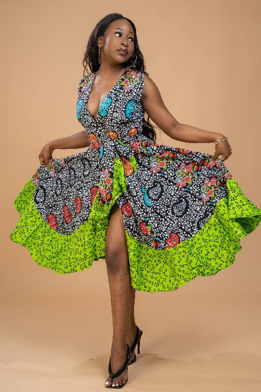 Mini dresses with criss - cross backs for a flirty look Bunmi Ankara Wrap Dress | Green African Print Mini dresses with criss - cross backs for a flirty look Bunmi Ankara Wrap Dress | Green African Print