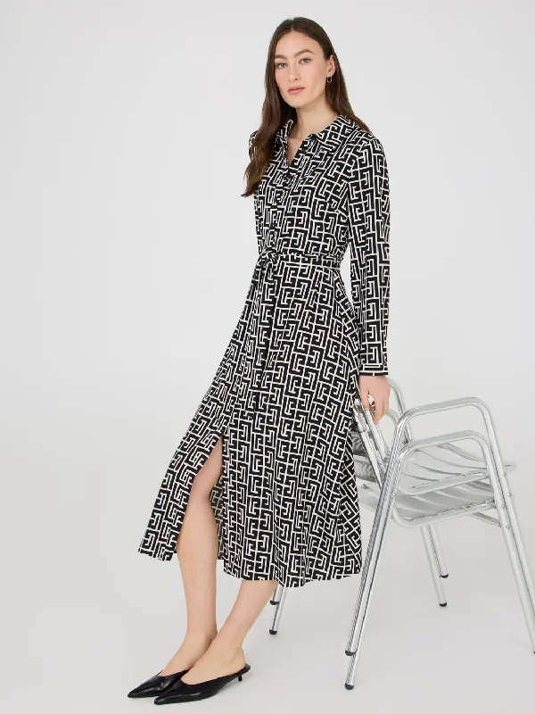 Everyday Dress with Tie - dye Print for a Retro Look​ Geo Print Midi Shirt Dress