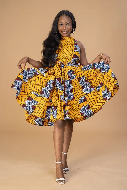 Mini dresses with tiered skirts for added volume Zainab Ankara Women’s Sleeveless Midi Dress | Yellow and White African Print Mini dresses with tiered skirts for added volume Zainab Ankara Women’s Sleeveless Midi Dress | Yellow and White African Print