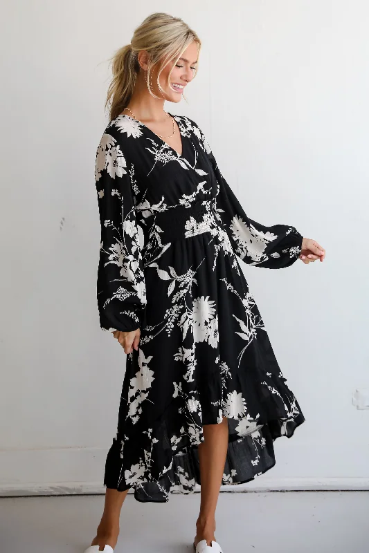 Wrap - style midi dresses in silk for a sophisticated office look FINAL SALE - Precious Whimsy Black Floral Midi Dress Wrap - style midi dresses in silk for a sophisticated office look FINAL SALE - Precious Whimsy Black Floral Midi Dress