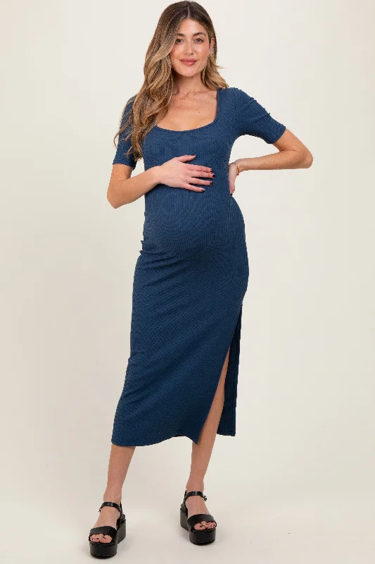 Maternity dress for a baby's first visit to the botanic garden Navy Ribbed Short Sleeve Side Slit Maternity Midi Dress Maternity dress for a baby's first visit to the botanic garden Navy Ribbed Short Sleeve Side Slit Maternity Midi Dress